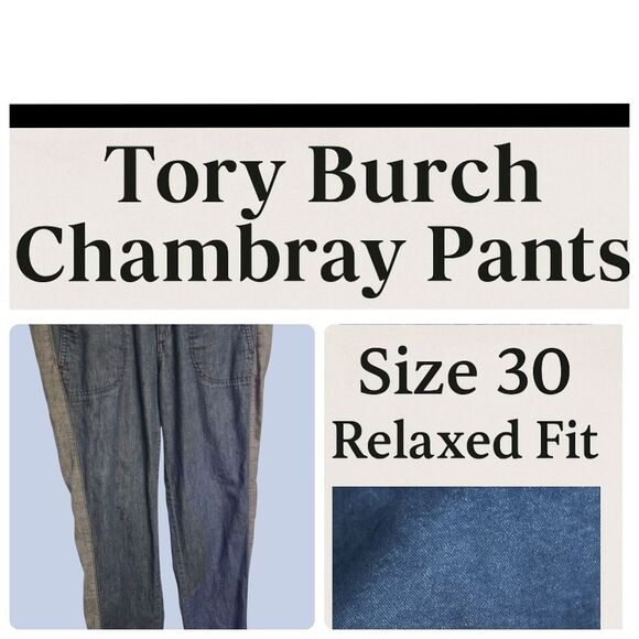 Tory Burch Chambray Side-Stripe Pants | Relaxed Fit Size 30 - Picture 1 of 16